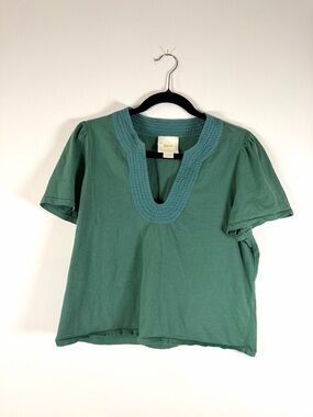 Maeve by Anthropologie Green Short-Sleeve Knit-Trim Tee